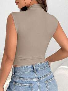 Camiseta de tirantes arrugada con cuello de embudo, conjunto de ropa de verano - Caqui - Ver 2