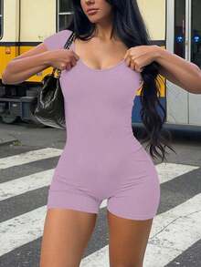 Mono de mujer , escote en U, silueta minimalista, ropa interior moldeadora cómoda, casual, sexy, versátil para exteriores, viajes, fiesta en la playa, vacaciones en el campo, vacaciones, Pascua, graduación, regreso a la escuela, mono de verano, ajust - Morado - Ver 9