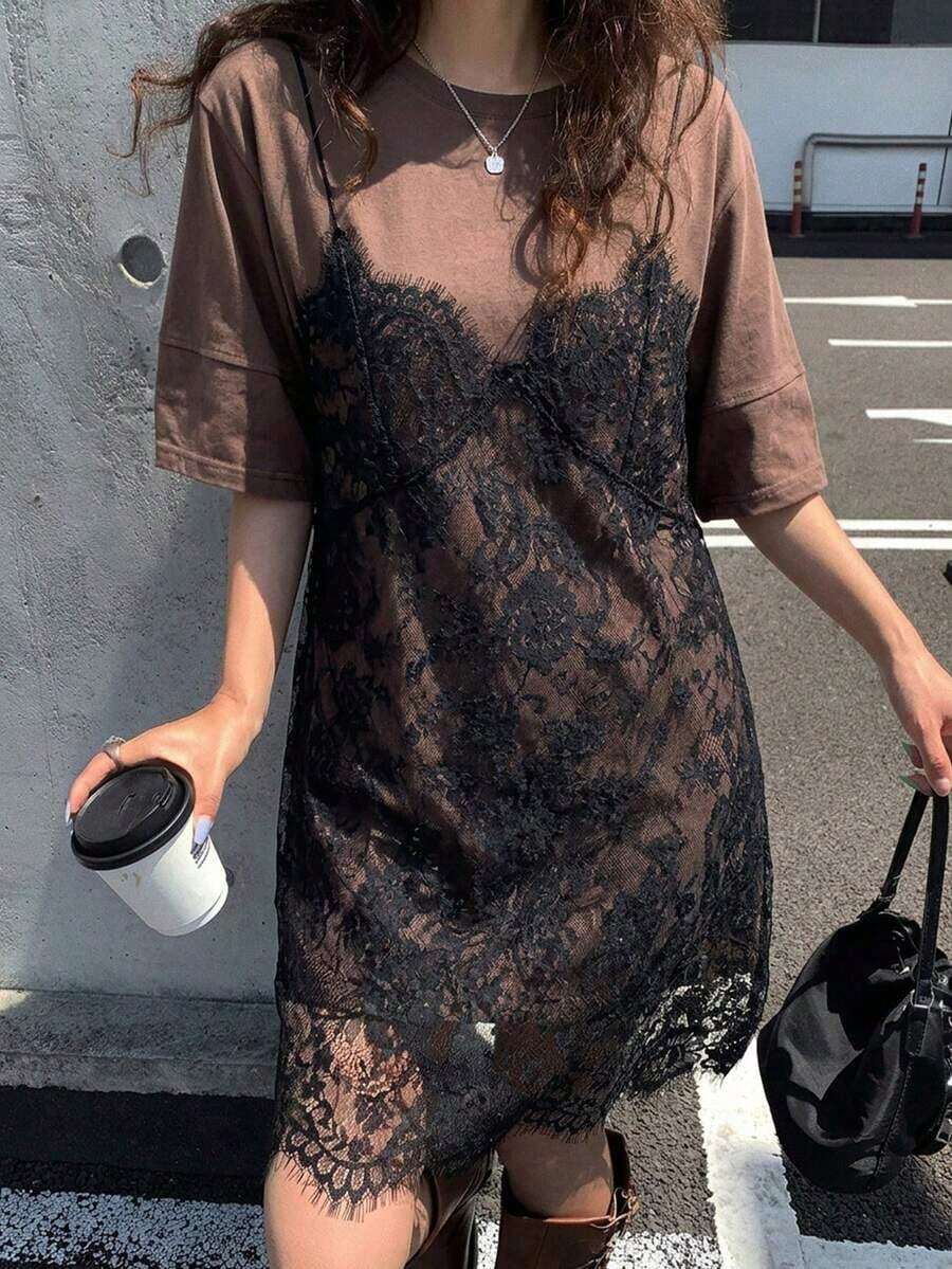 Vestido de mujer con parches de encaje sin mangas 2 en 1 con mangas cortas, vestidos de verano para mujeres - Cafetería - Ver 1