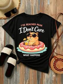 Women's Black Short-Sleeved T-Shirt With Finless Sprat Print, Soft And Elastic Round Neck, Casual Design, Cool And Breathable, Eye-Catching Personality, Urban Bohemian Retro Style, Blouse For Modern And Daring Girls, Suitable For Daily Comfort And Relaxation. - 黑色 - 查看 8