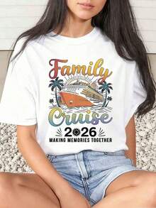 1 Piece Women's Family Travel T-Shirt 2026 Creating Memories Together Tropical And Palm Tree Print Summer Vacation Gift Daily Wear Round Neck Short Sleeve Soft And Comfortable 220Gsm 180g 100% Cotton - 白色 - 查看 6