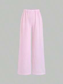 Conjunto de 2 piezas de blusa de manga de pétalo a rayas estilo francés dulce y pantalones rectos holgados para mujer, de primavera/verano - Rosa - Ver 4
