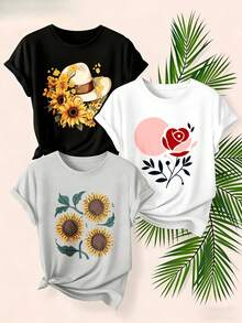 Women's T-Shirts, Women's T-Shirts, [New Product 2026] Printed Crew Neck T-Shirt For Mother's Day, 1-Piece Set, Available In Various Colors And Prints, Casual, Fashionable Top, Made Of Soft, Breathable, And Machine-Washable Material, Suitable For Home Or Outdoor Wear. Basic T-Shirt For Women. - 1件黑色隨機圖案 - 查看 1