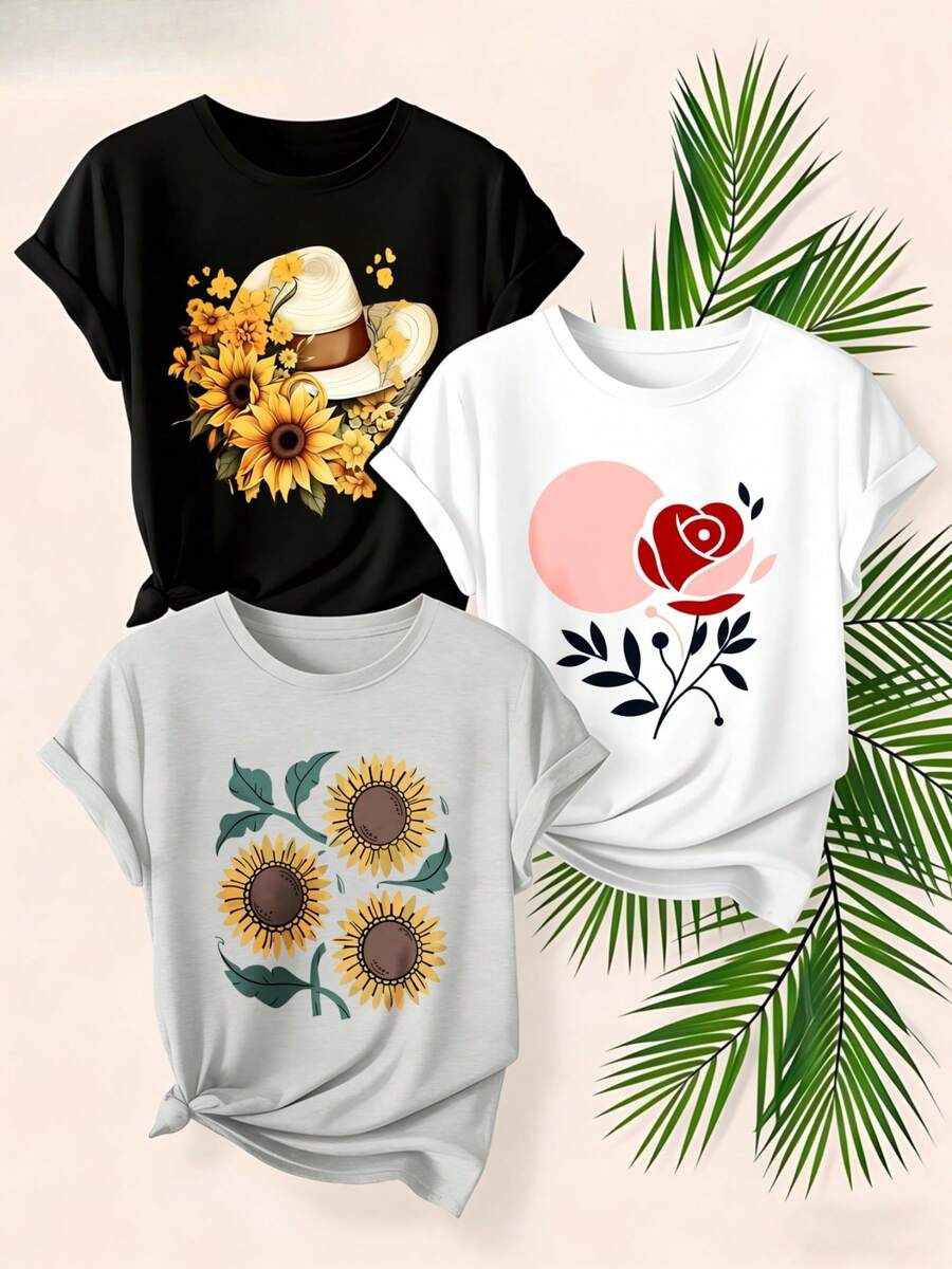 Women's T-Shirts, Women's T-Shirts, [New Product 2026] Printed Crew Neck T-Shirt For Mother's Day, 1-Piece Set, Available In Various Colors And Prints, Casual, Fashionable Top, Made Of Soft, Breathable, And Machine-Washable Material, Suitable For Home Or Outdoor Wear. Basic T-Shirt For Women. - 1件黑色隨機圖案 - 查看 1