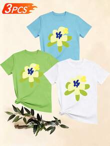 Women's T-Shirts, Women's T-Shirts, Casual One-Piece T-Shirt With Floral Print, Comfortable Cotton Top With Round Neck And Short Sleeves, Modern And Simple For Everyday Wear. - 1件黑色隨機圖案 - 查看 6