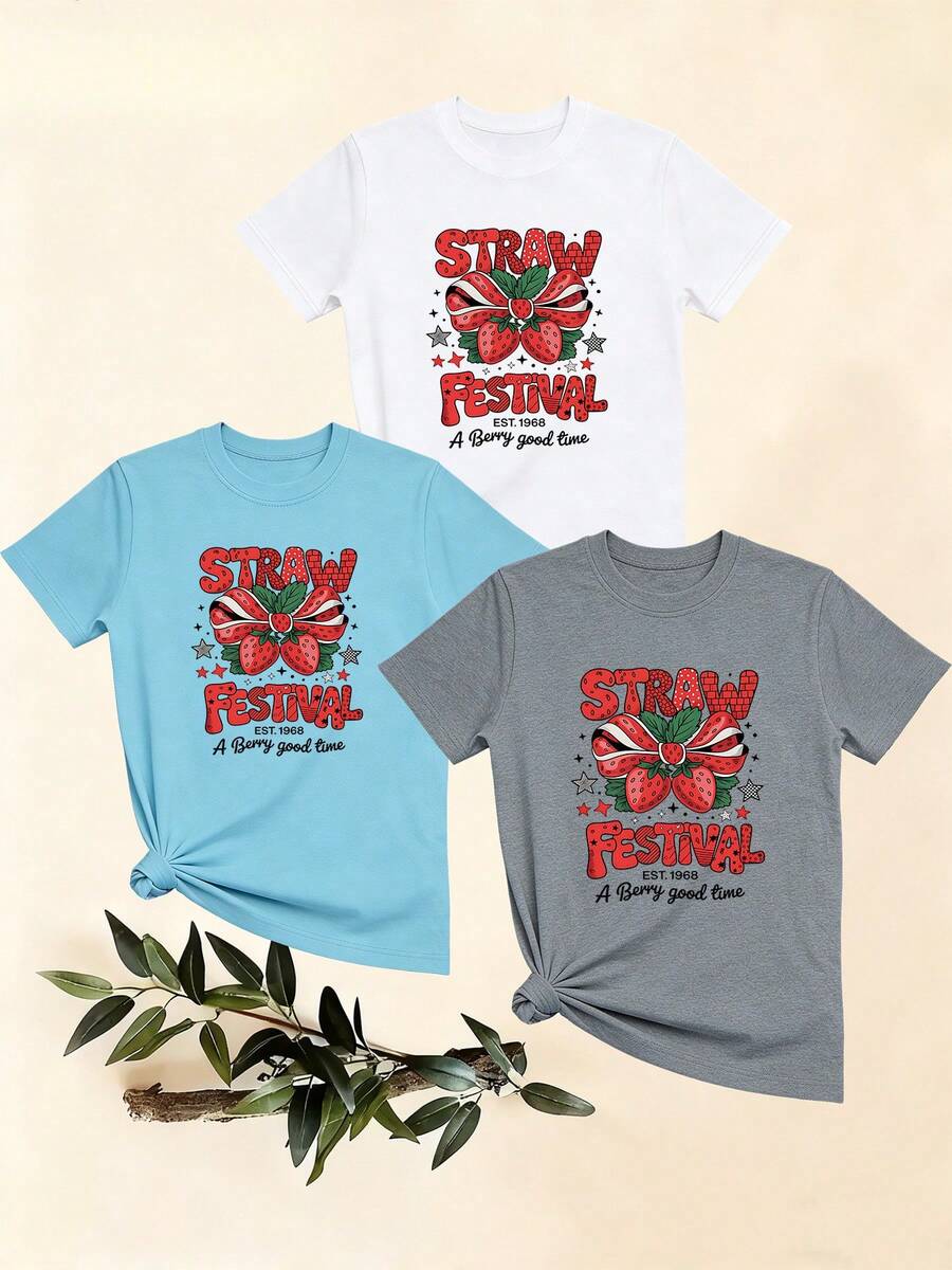 Women's T-Shirts, Women's T-Shirts, Casual One-Piece T-Shirt With Christmas Strawberry Print, Round Neck, Breathable And Comfortable. - 1件白色隨機圖案 - 查看 1
