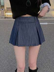 Falda de línea A plisada de unicolor y minimalista para mujer, de uso cotidiano y ocio - Azul - Ver 4