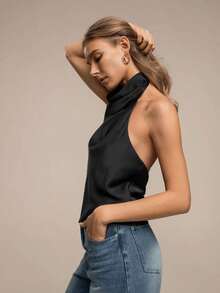Blusa de mujer de nuevo verano de unicolor y sexy con espalda descubierta y hombros descubiertos, adecuada para citas y fiestas - Negro - Ver 4