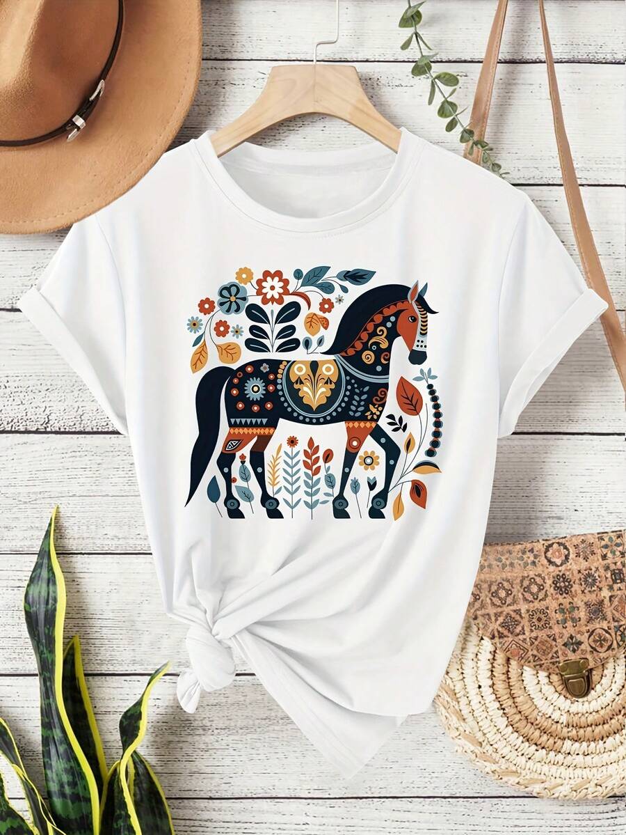 Camiseta de Manga Corta con Estampado Bohemio y Floral para Mujer - Top de Cuello Redondo Retro, Tela Transpirable Lavable a Máquina, Ropa Casual Versátil & Vacacional, Opciones Multicolor S-XXL, Regalos para Amantes del Caballo, Moda Cotidiana, Camiseta Gráfica Artística, Material No Transparente, Moda Festiva, Estilo Vintage, Construcción Duradera, Top Estampado, Aficionados a la Moda