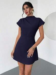 Vestido mini de línea A con cintura fruncida de unicolor, estilo de oficina para el verano - Azul marino - Ver 5