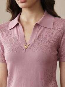 Elegante y digna blusa de punto con escote en V, bordado floral y calado, para primavera/verano - Rosa - Ver 12