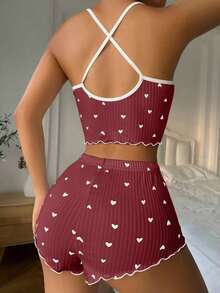 pijama / Pijama con estampado de corazón, ribete contrastante y lazo delantero - Burdeos - Ver 2