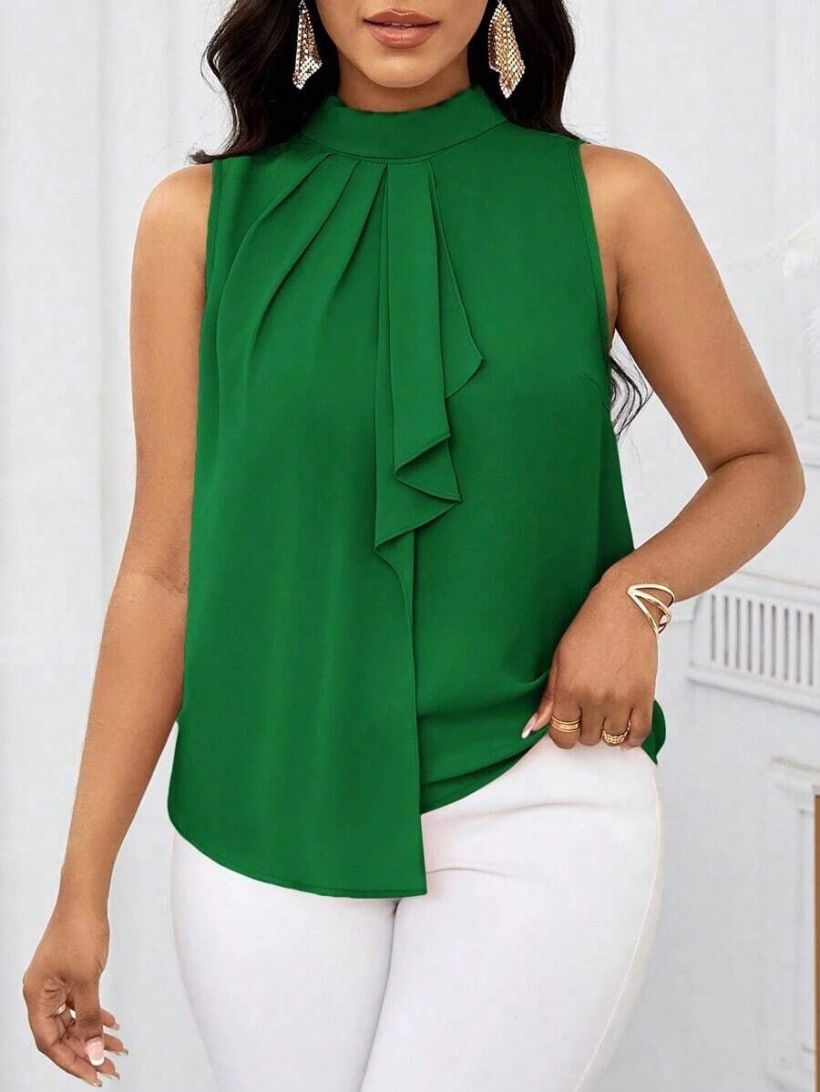 Lady Blusa sin mangas con estampado floral elegante y volante en el bajo, para verano - Verde - Ver 1