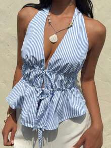 Top de tirantes sexy con cuello halter, espalda descubierta y cordón a rayas para mujeres - Azul y blanco - Ver 5