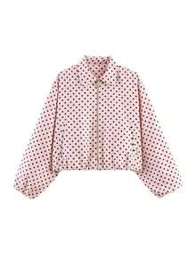 Chaqueta con bolsillo con cremallera de lunares rosas para mujer - Abrigo casual suelto con solapa para primavera/otoño - Rosa 2 - Ver 3