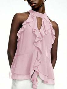 Elegant Solid Color Halter Top With Ruffles For Women - Rose - View 12