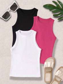 Camiseta informal de cuello redondo y unicolor para mujer en verano - Multicolor 2 - Ver 1