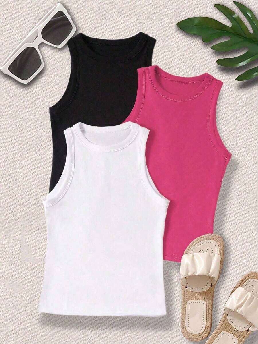 Camiseta informal de cuello redondo y unicolor para mujer en verano - Multicolor 2 - Ver 1