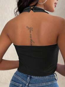 Top de tirantes de mujer de verano, de unicolor, acanalado, con cuello halter, slim y sexy - Negro - Ver 2