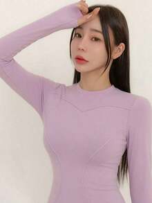 Chaqueta de manga larga de cuello alto elástico de unicolor entallada, ropa deportiva y casual, primavera/otoño - Rosa vieja - Ver 6