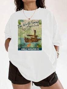Graphic Of A Ship Sailing Among Tropical Leaves And Exotic Animals Symbolizing Adventure And Exploration In Nature; Comfortable Women's T-Shirt For Everyday Wear And Casual Travel - 白色 - 查看 1