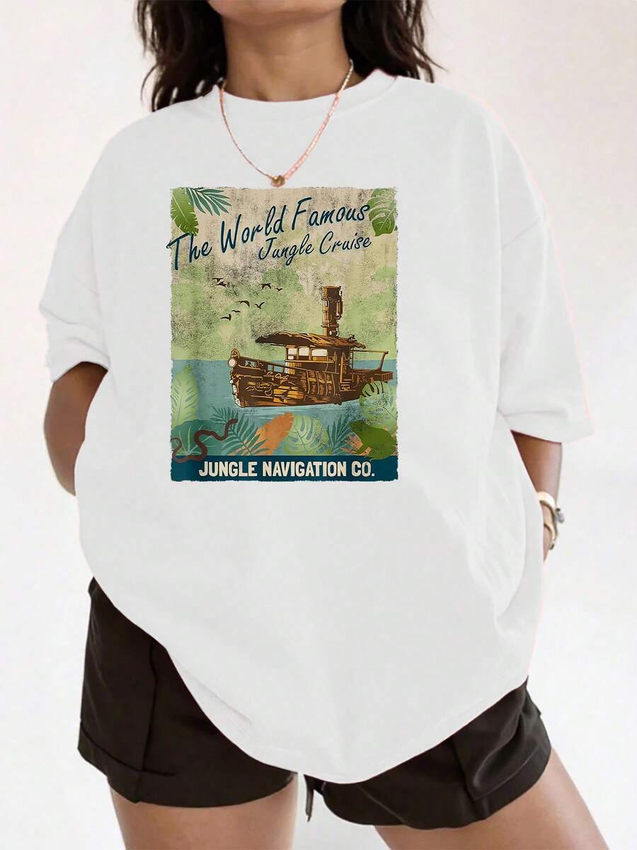 Graphic Of A Ship Sailing Among Tropical Leaves And Exotic Animals Symbolizing Adventure And Exploration In Nature; Comfortable Women's T-Shirt For Everyday Wear And Casual Travel - 白色 - 查看 1