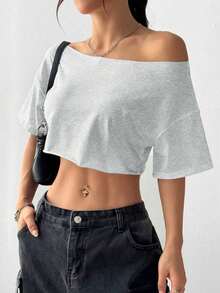 Top corto asimétrico de mujer con cuello blanco y flecos, camiseta de manga corta de moda versátil Y2K oversize y sexy, para primavera/verano - Gris Claro - Ver 7