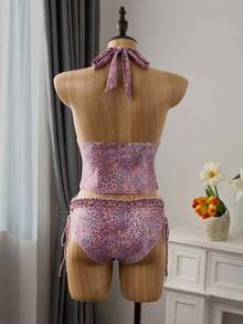 Swim Mod Conjunto de traje de baño de verano con top corto con volantes y estampado de lunares y Bottom de bikini con lazo en la cintura para mujer - Multicolor - Ver 2