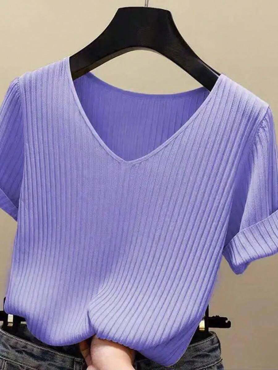AOSSVIAO 2026 Suéter Básico de Verano para Mujer, Cuello en V, Sólido, Fino, Tejido Acanalado, Manga Corta, Ajustado - Morado - Ver 1