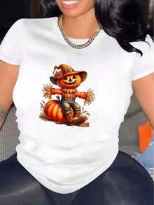 Women's Casual Short Sleeve Halloween T-Shirt, 1 Piece, 100% Heavy Cotton - Comfortable Round Neck, Soft And Adorable Loose And Comfortable T-Shirts - 白色的 - 查看 1