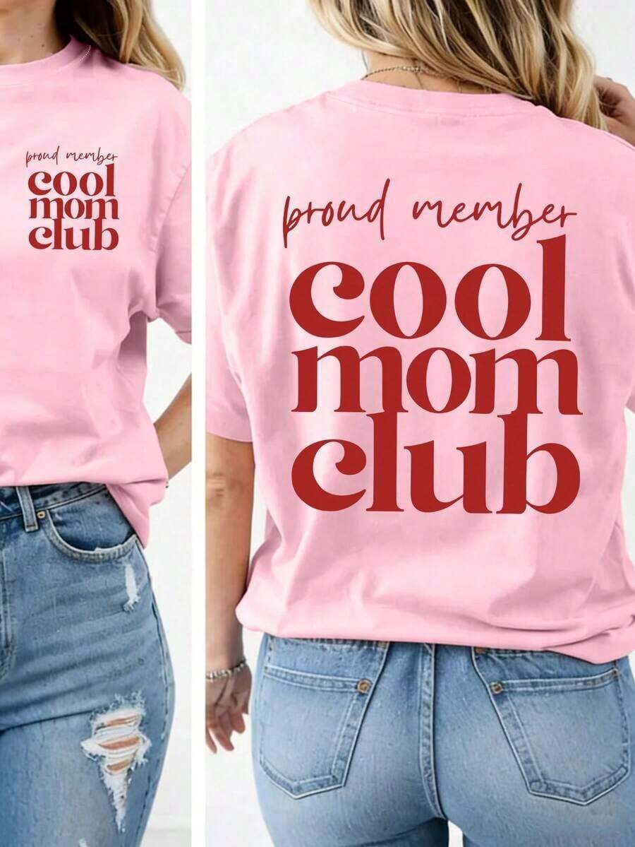 Women's Minimalist Style "Cool Mom Club" T-Shirt, Great Plus Size Mom Gift, With Prints On The Front And Back, Retro Style Mother's Day T-Shirt, Modern Mom T-Shirt, Mom Life T-Shirt, Casual Summer Pink - 羅莎 - 查看 1