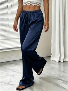 1 pieza Pantalones con bolsillo y cordón en unicolor, adecuados para el hogar, uso diario, vacaciones, fiestas de solteros, satén, para todas las estaciones de primavera - Azul Marino - Ver 5