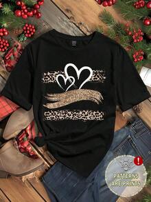 LUNE Camiseta ajustada de mujer con estampado de leopardo en forma de corazón, de cuello redondo y manga corta, adecuada para el verano y para salir, de estilo casual - Negro - Ver 1