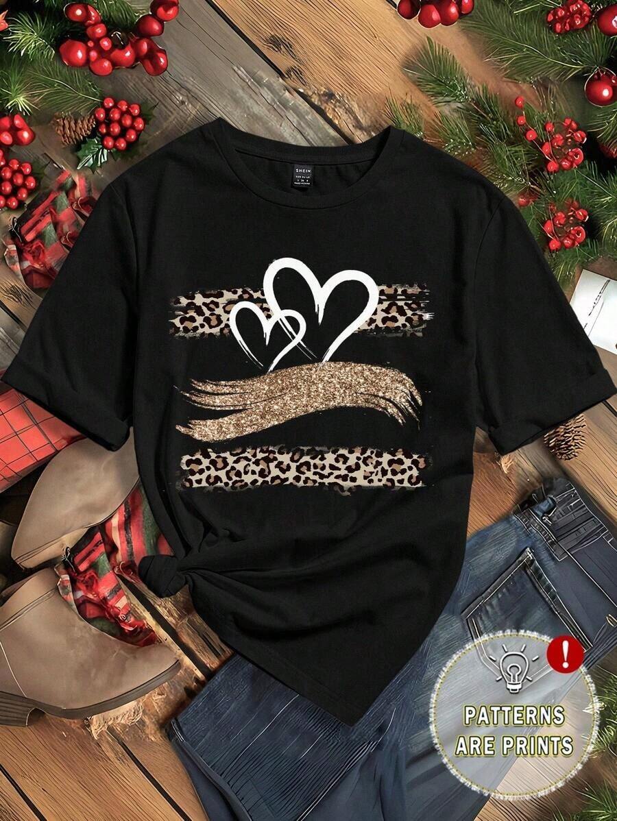 LUNE Camiseta ajustada de mujer con estampado de leopardo en forma de corazón, de cuello redondo y manga corta, adecuada para el verano y para salir, de estilo casual - Negro - Ver 1