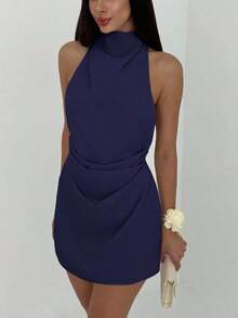Vestido mini plisado con espalda descubierta y atar para mujer, de estilo minimalista - Azul marino - Ver 5