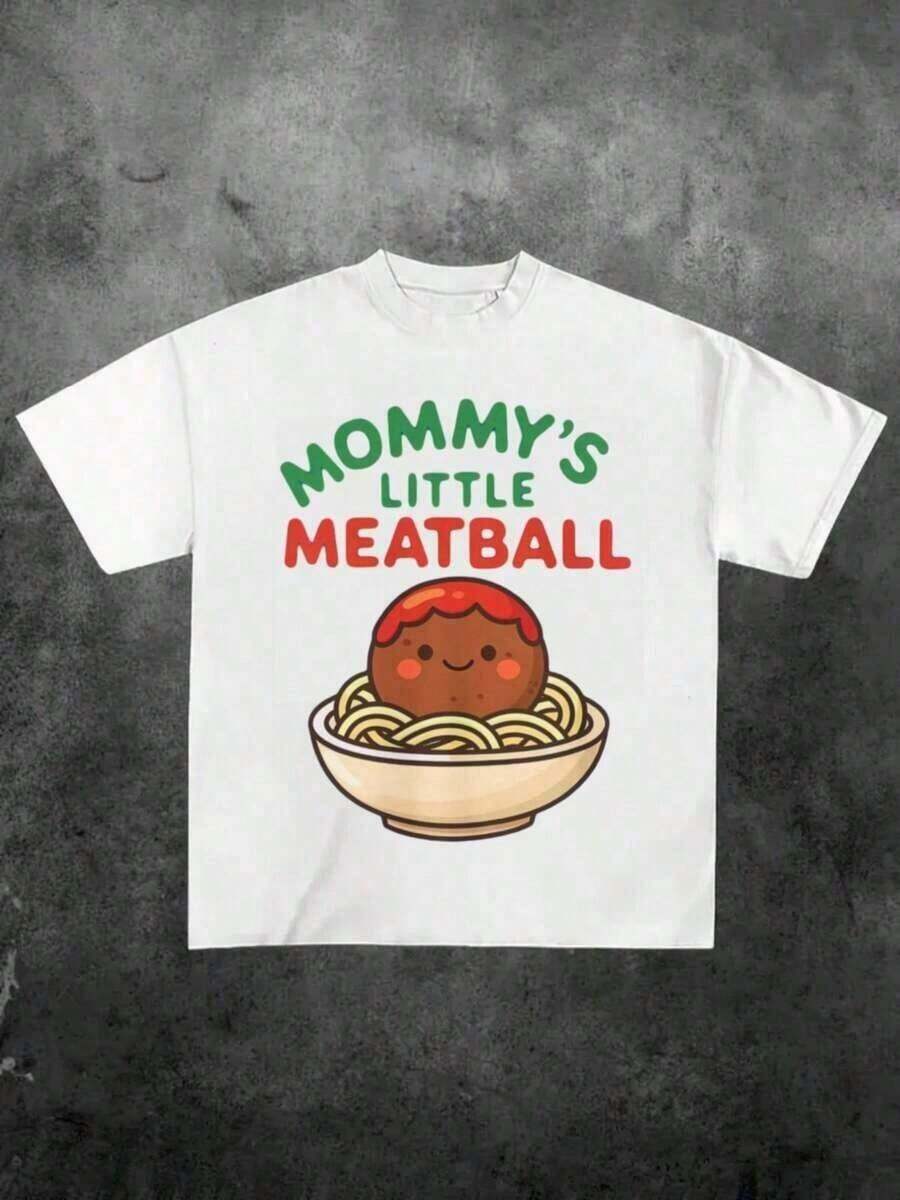 1 Piece "Mommy's Little Meatball" Printed T-Shirt, Casual Print, Comfortable And Versatile, With Letter Pattern, 100% Pure Cotton, 220g, 180g 100% Cotton - 白色 3 - 查看 1