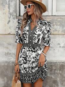Vestido corto de té estilo palacio francés con cuello en V, mangas abultadas, dobladillo con volantes, estampado de porcelana azul y blanco vintage para mujer - Negro - Ver 7