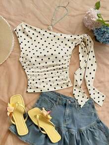 Blusa asimétrica de hombro con pliegues y estampado de lunares estilo Y2K para mujer - Albaricoque - Ver 5