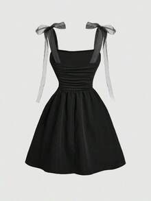 Vestido corto de mujer con estampado de teñido anudado, hombros fruncidos y diseño de nudo a la moda - Negro - Ver 2