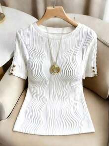 Elegante camiseta de punto de cuello redondo, top de punto minimalista de moda, primavera/verano - Blanco 3 - Ver 7