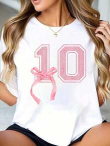 100% Cotton Pink Flirty T-Shirt With Bow For 10 Year Old Girl's Birthday, Feminine Aesthetic Style, Women's Outfits - 白色 - 查看 1