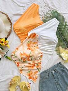 3 piezas Conjunto informal de verano de 2 piezas para mujer con parte superior de hombro asimétrico y bajo asimétrico, adecuado para volver al colegio, té de la tarde, casual, invitada a boda en la playa, brunch de graduación, Día de San Patricio, - Multicolor 8 - Ver 4