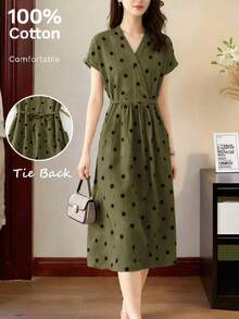 Vestido casual elegante y vintage con estampado de lunares, con bolsillos y lazo en la espalda, silueta minimalista pero refinada de corte evasé con cintura anudada, vestido versátil para oficina/ocasión, conjunto bohemio de lunares para vacaciones, primavera/verano rojo - Verde militar - Ver 4