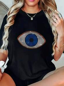 1pc blusas de mujer blusas bonitas para mujeres ropa de mujer blusas de mujer en oferta  conjuntos para mujer sudaderas de mujer Ojo azul camiseta 180g blanco y negro estampado ojo geométrico alta calidad impresión cuello redondo ajuste básico - Negro - Ver 1