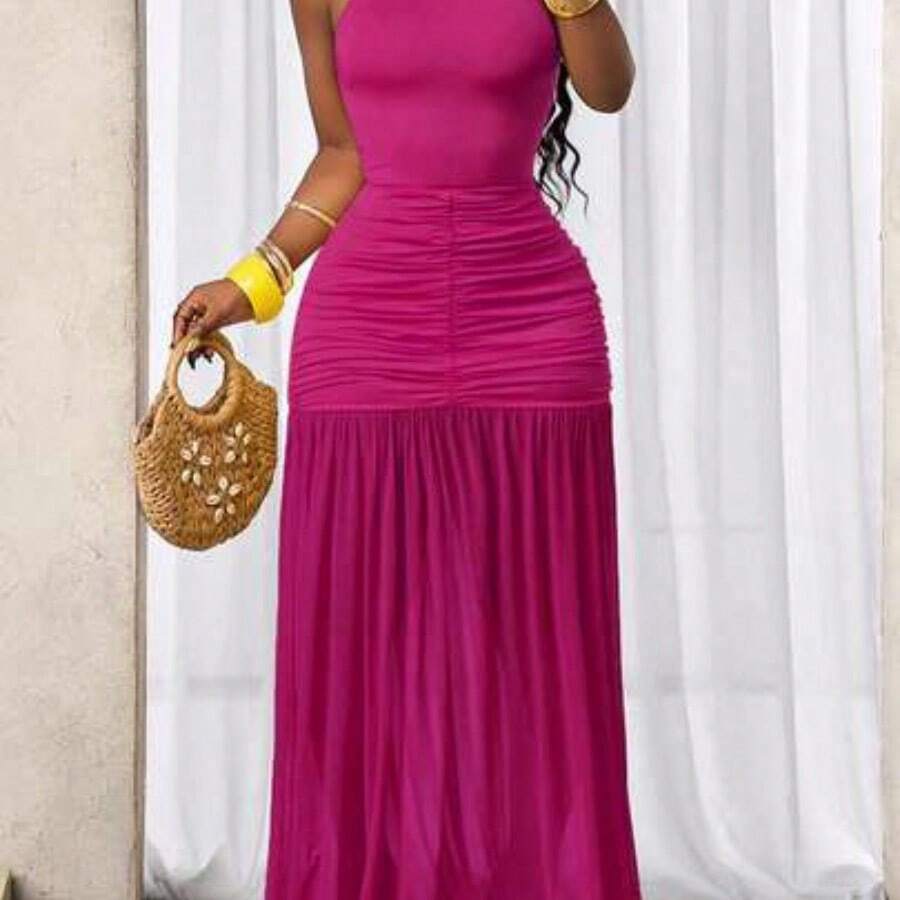 BamGlam Women's Solid Color Pleated Dress With Halter Neck , Beach Vacation Outfits For Women , Vacation Outfits Women , Holiday Outfits For Women , Vacation , Holiday , Summer Holiday Outfits , Holiday Outfits , Vacation Outfits For Women Beach Vacation Outfits For Women , Summer , Summer Clothes , Summer Outfits For Women , Summer Outfits , Summer Outfit For Women - Rosa Fucsia - Ver 1