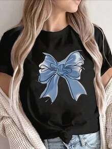 Camiseta Ligera para Mujer - Camiseta Suave y Elástica para el Día a Día con Gráfico de Lazo Azul, Camisa Casual de Cuello Redondo para Casa, Oficina, Restaurante - Prenda Esencial para Todo el Año, Camisetas para Damas, Camiseta de Ajuste Cómodo, Construcción Duradera, Ropa de Oficina - Negro - Ver 6