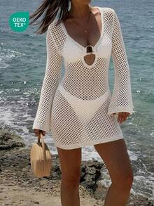 Women's Solid Color Sexy Hollow Out Transparent Metal Ringed Design Long Sleeve Beach Cover Up Crop Top Mini Dress, Spring/Summer Vacation - Milky White - View 3