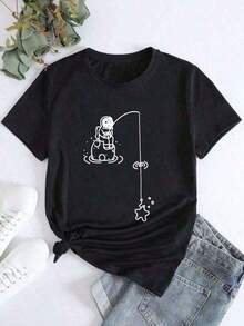 Women's Casual T-Shirt, Round Neck, Short Sleeve, Astronaut Print - Black - View 1