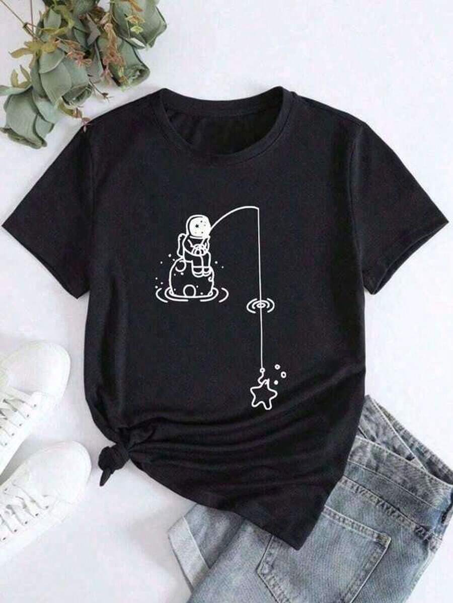 Women's Casual T-Shirt, Round Neck, Short Sleeve, Astronaut Print - Black - View 1