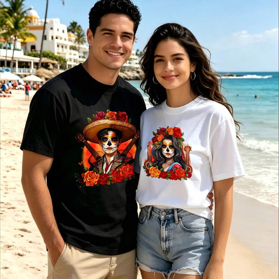2-piece couple matching pattern T-shirt, 100% cotton, loose fit, soft and breathable, casual round neck short sleeved top Giraffe With Hat And Sunglasses Llama With Cactus And Necklace Versatile patterns no picky combinations coordinated dating casual travel simple and cartoonish printing styles - Negro - Ver 1